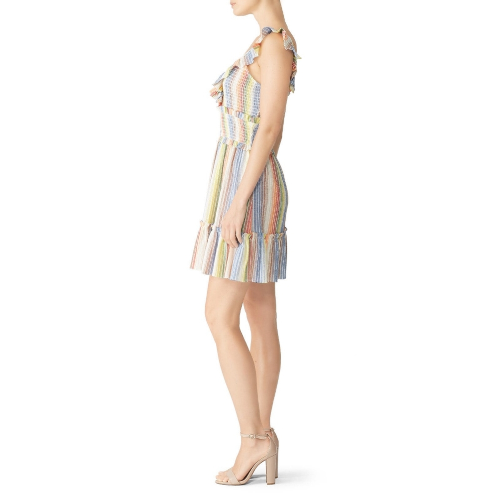 Saylor Alma Dress Rainbow Striped Crepe Smocked Bust Ruffle Strap Dress Small - Picture 13 of 15